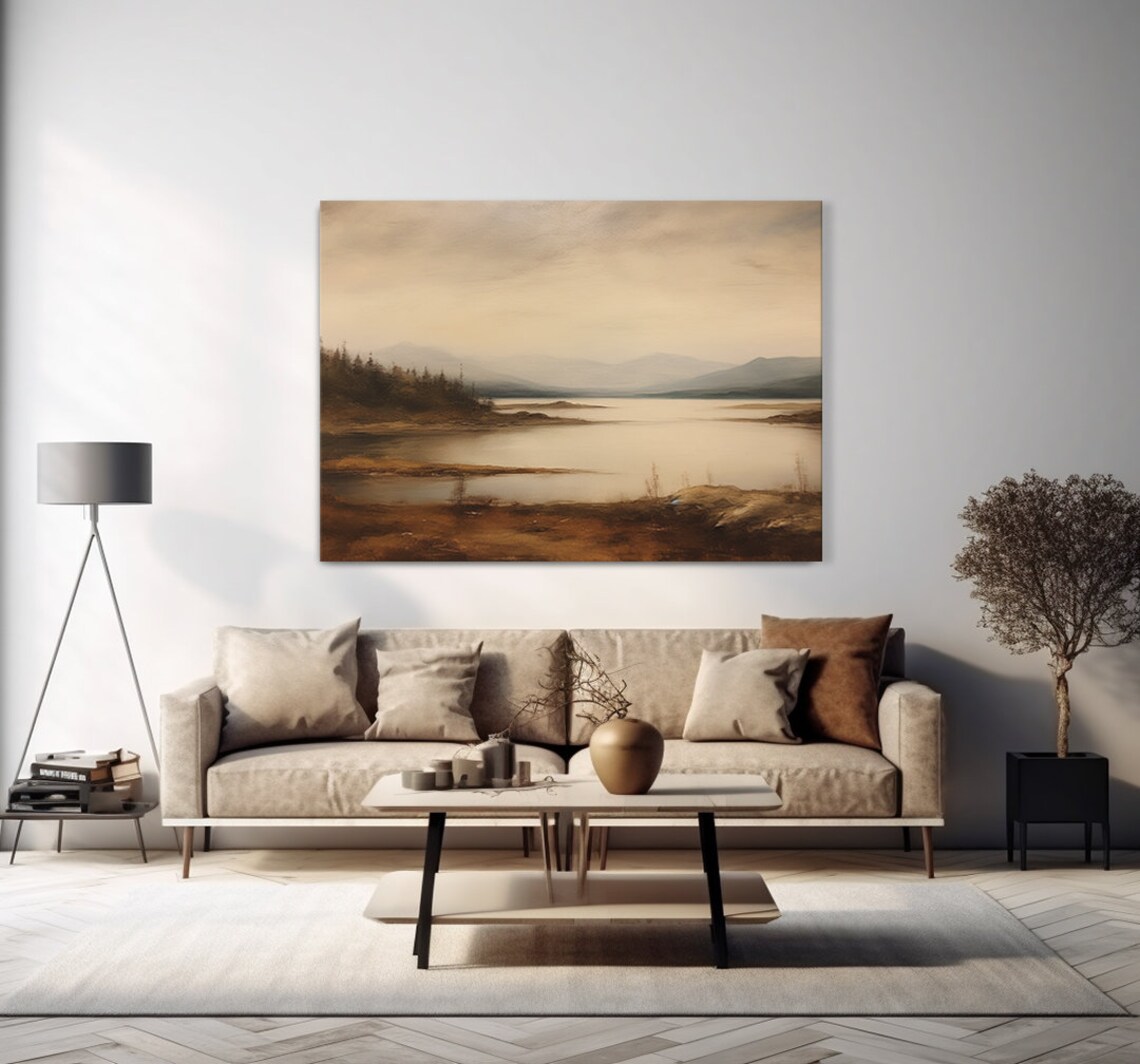 Misty Lake With Rocky Shore Pine Trees Layered Mountain Poster - Image 4