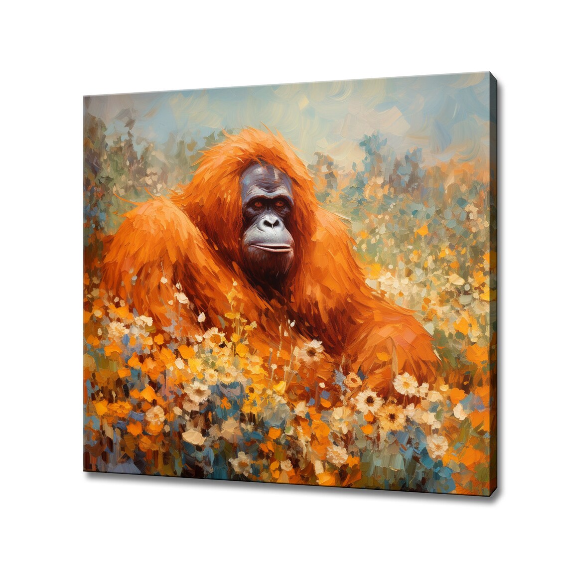 Orangutan Resting in Orange Wildflower Field Impasto Art Poster
