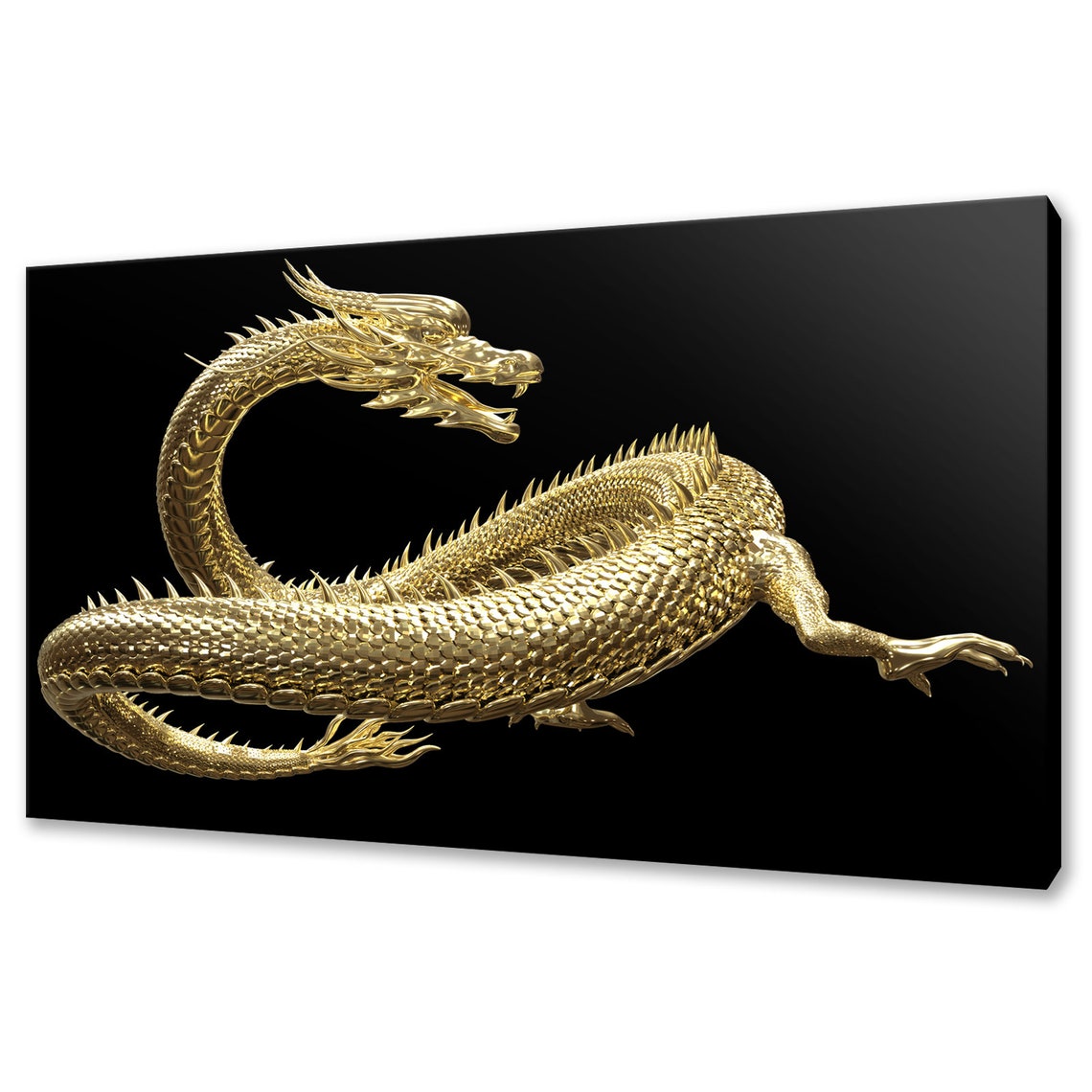 Golden Chinese Dragon On Black Metallic 3D Fantasy Wall Art Poster