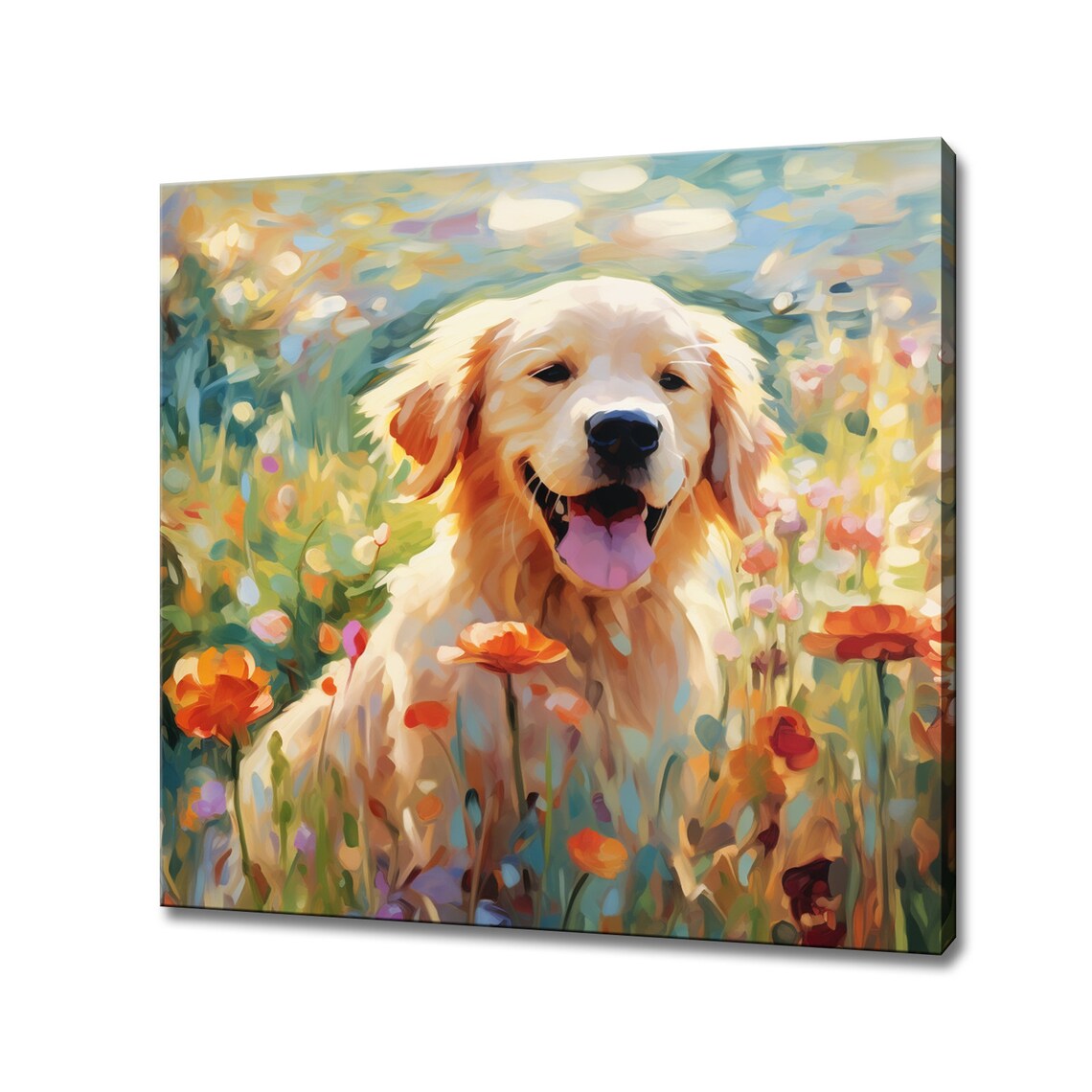 Happy Golden Retriever Puppy Wildflower Meadow Colorful Pet Print