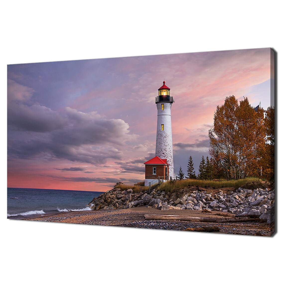 Crisp Point Lighthouse At Sunset On Rocky Shore Michigan Travel Poster