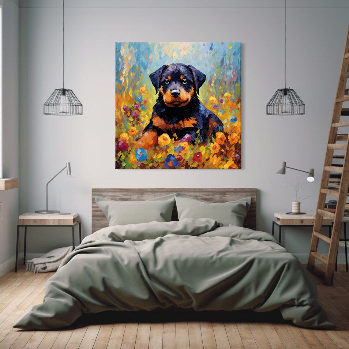 Rottweiler Puppy In Flower Meadow Colorful Mosaic Painting Poster - Image 3