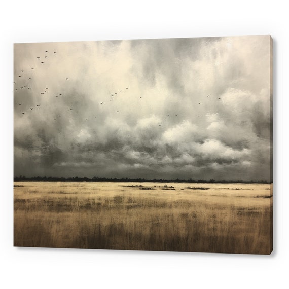 Vintage Country Cloudy Sky Birds Landscape Muted Moody Painting Style Print Farmhouse Decor Art Neutral Nature Picture Wall Hanging