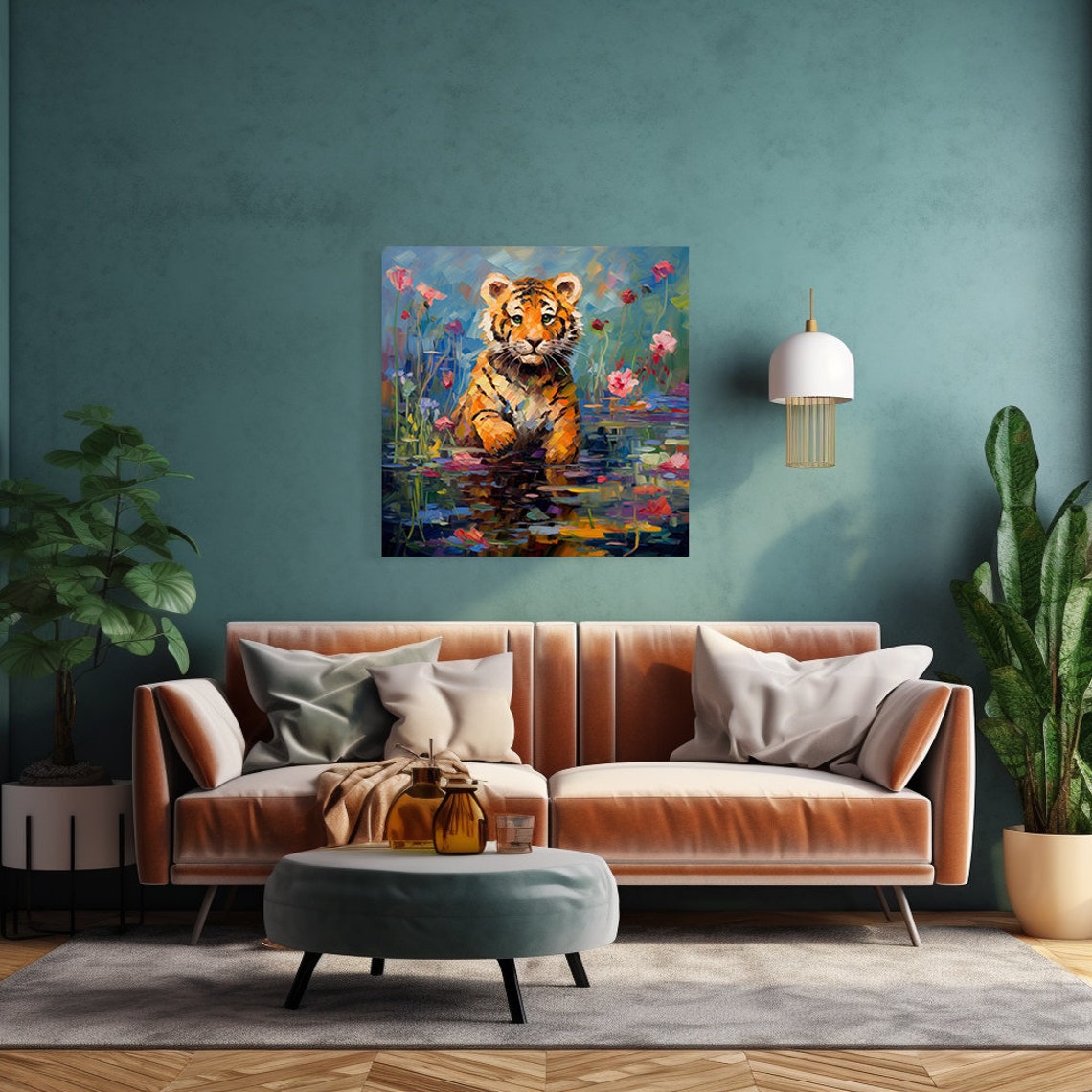 Tiger Cub Wading In Lily Pond Pink Blossoms Colorful Painting Poster - Image 2