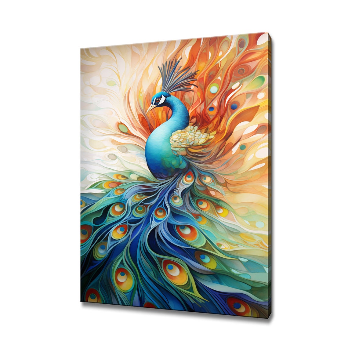 Stylized Peacock With Rainbow Tail Feathers Colorful Bird Art Poster