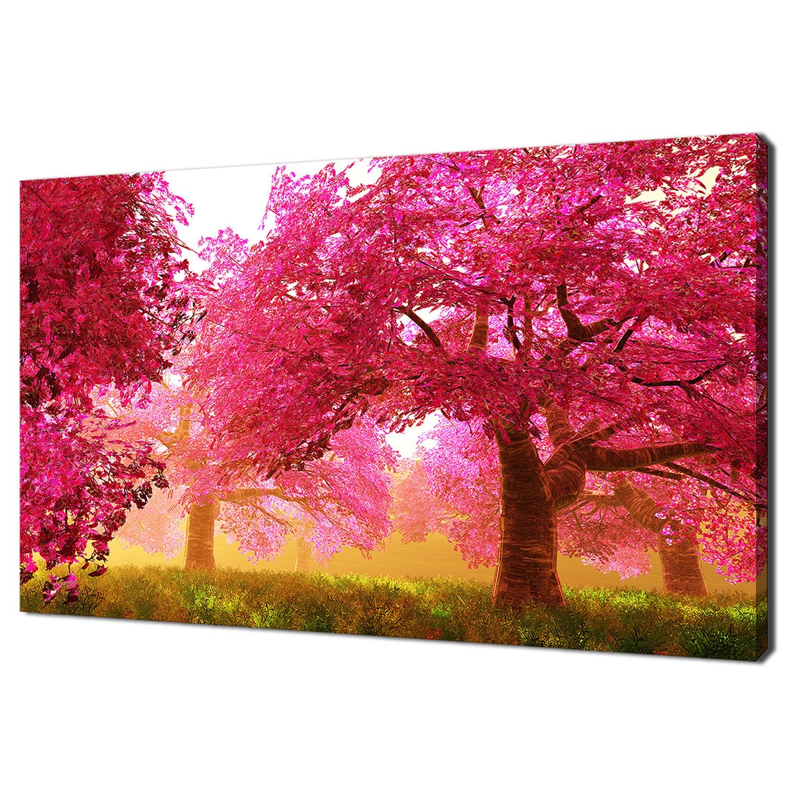 Pink Cherry Blossom Trees Golden Glow Meadow Modern Nature Art Poster