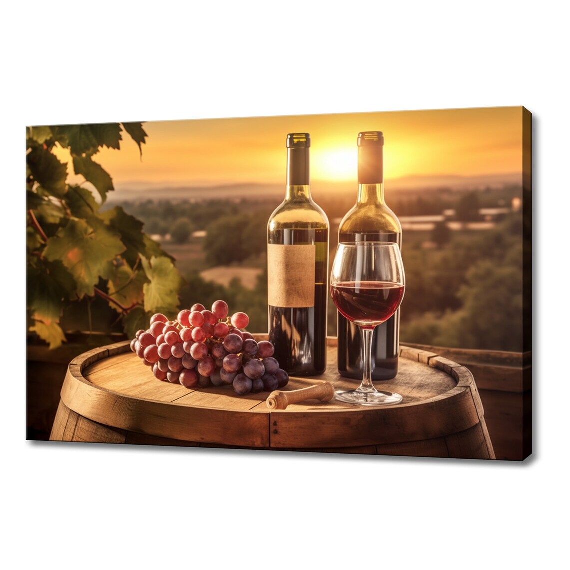 Wine Bottles Grapes Glass On Barrel Sunset Vineyard Hills Art Print