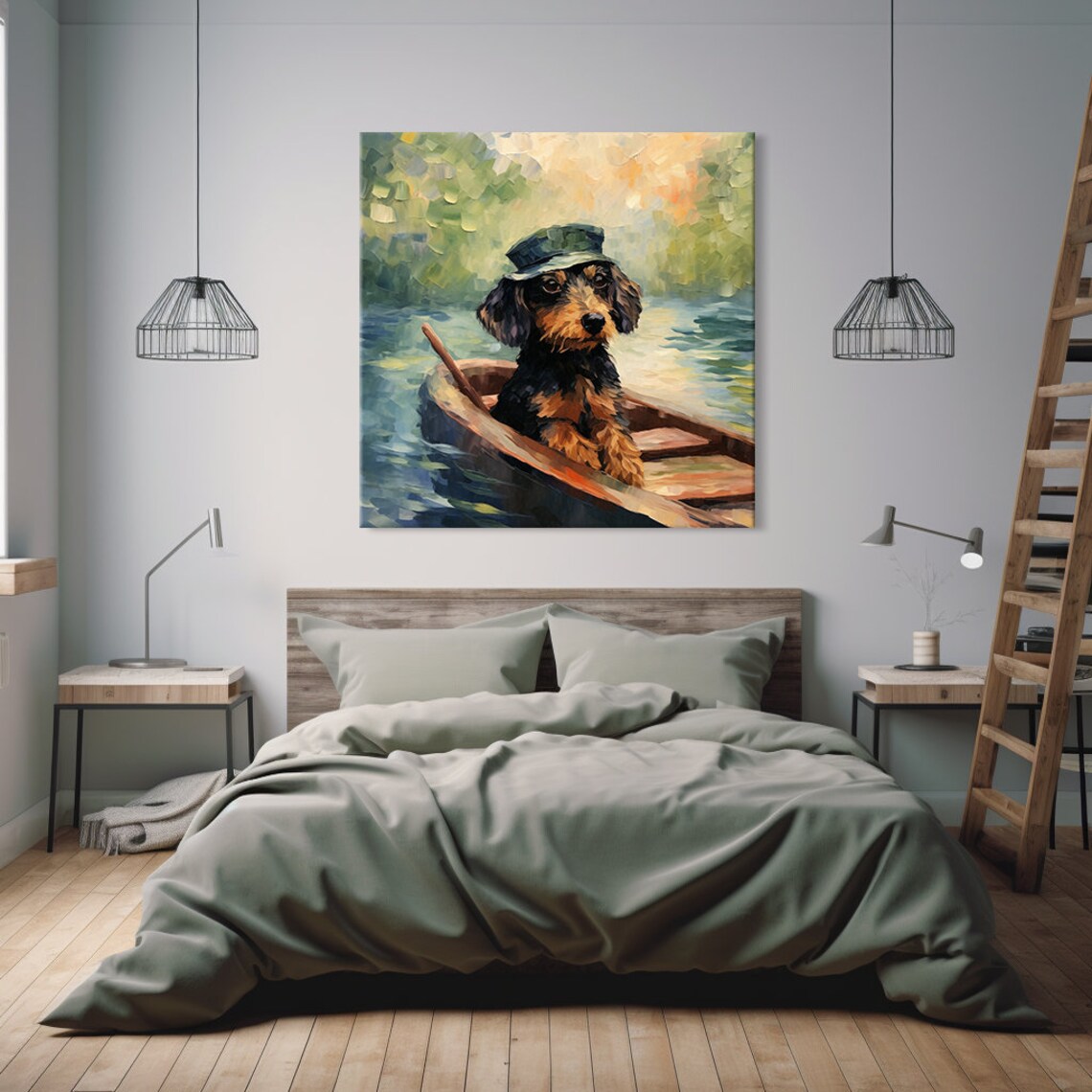Cute Small Dog In Captain Hat Rowing Wooden Boat Lake Painting Poster - Image 4