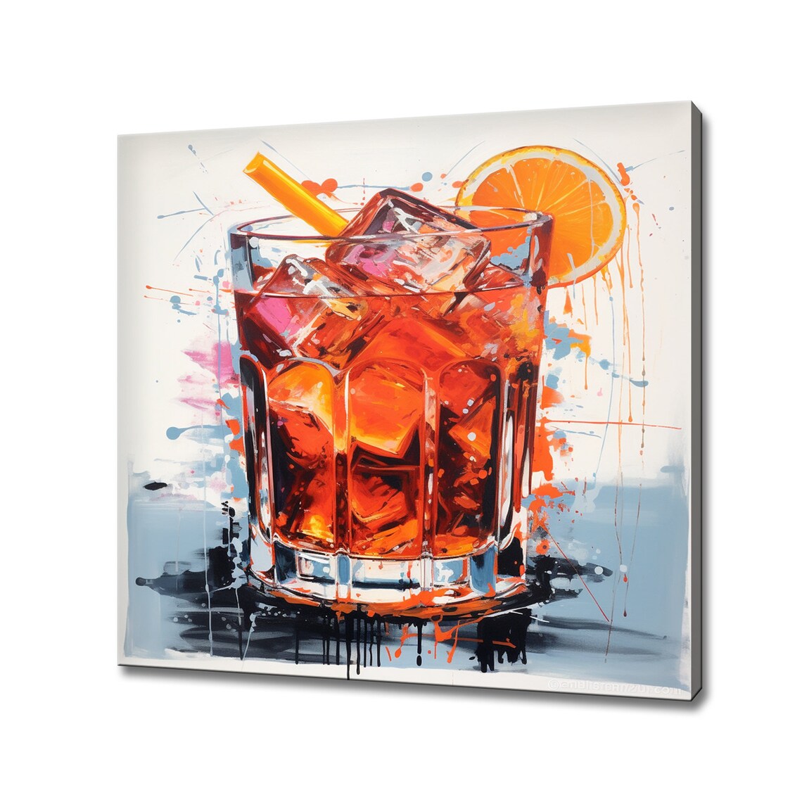 Negroni Cocktail Orange Slice Ice Rocks Glass Splash Art Wall Poster