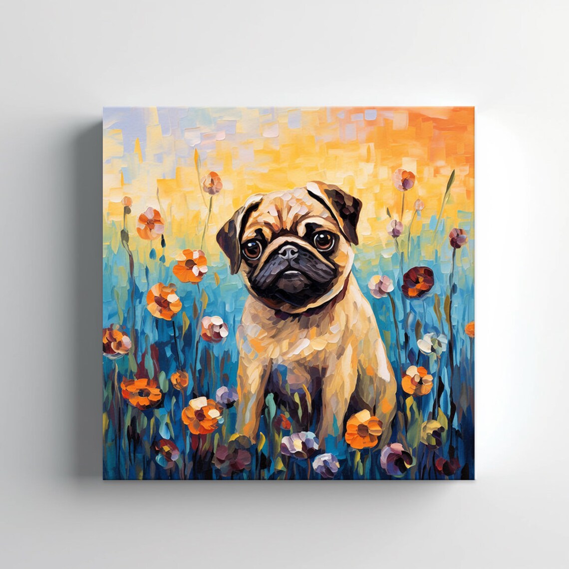 Pug Dog Among Wildflowers Colorful Mosaic Portrait Painting Poster - Image 2