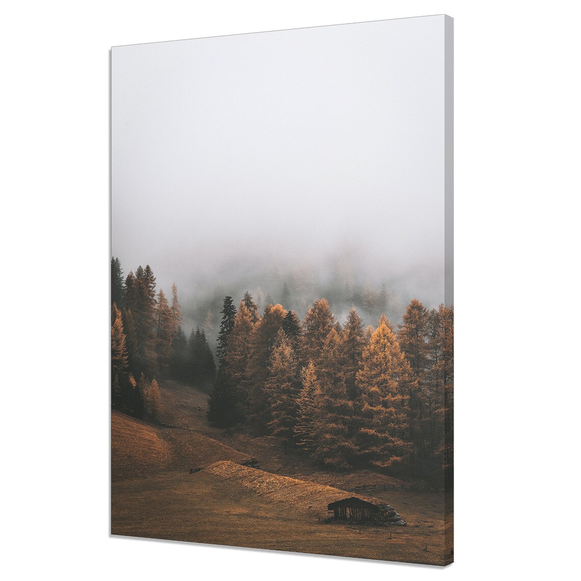 Foggy Autumn Mountain Forest With Wooden Cabin Misty View Poster