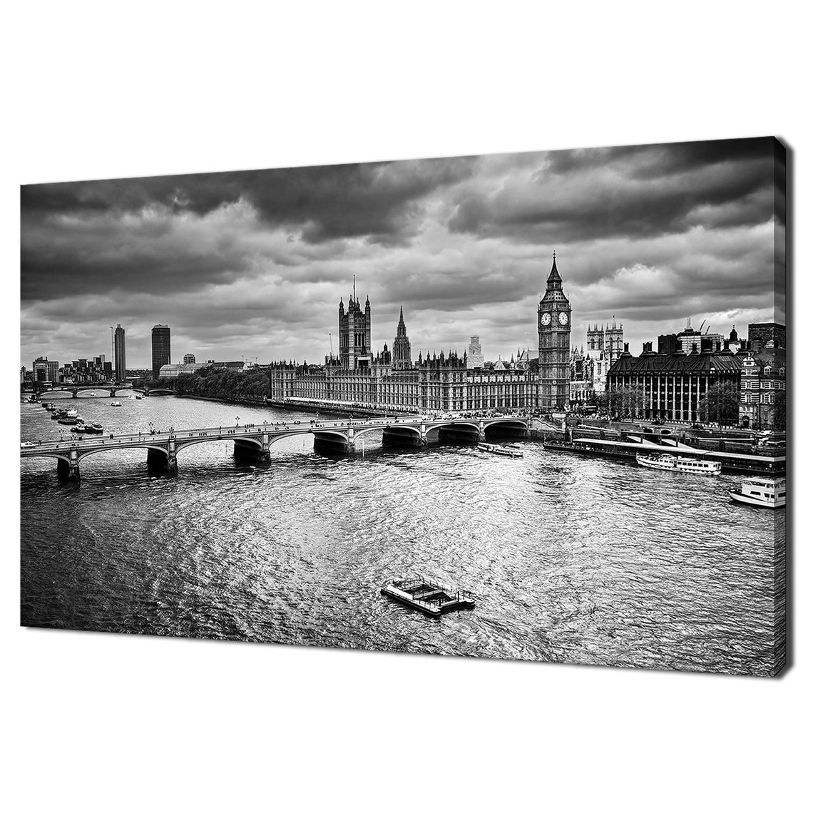 London Big Ben Houses Parliament Thames Bridge Black White Print