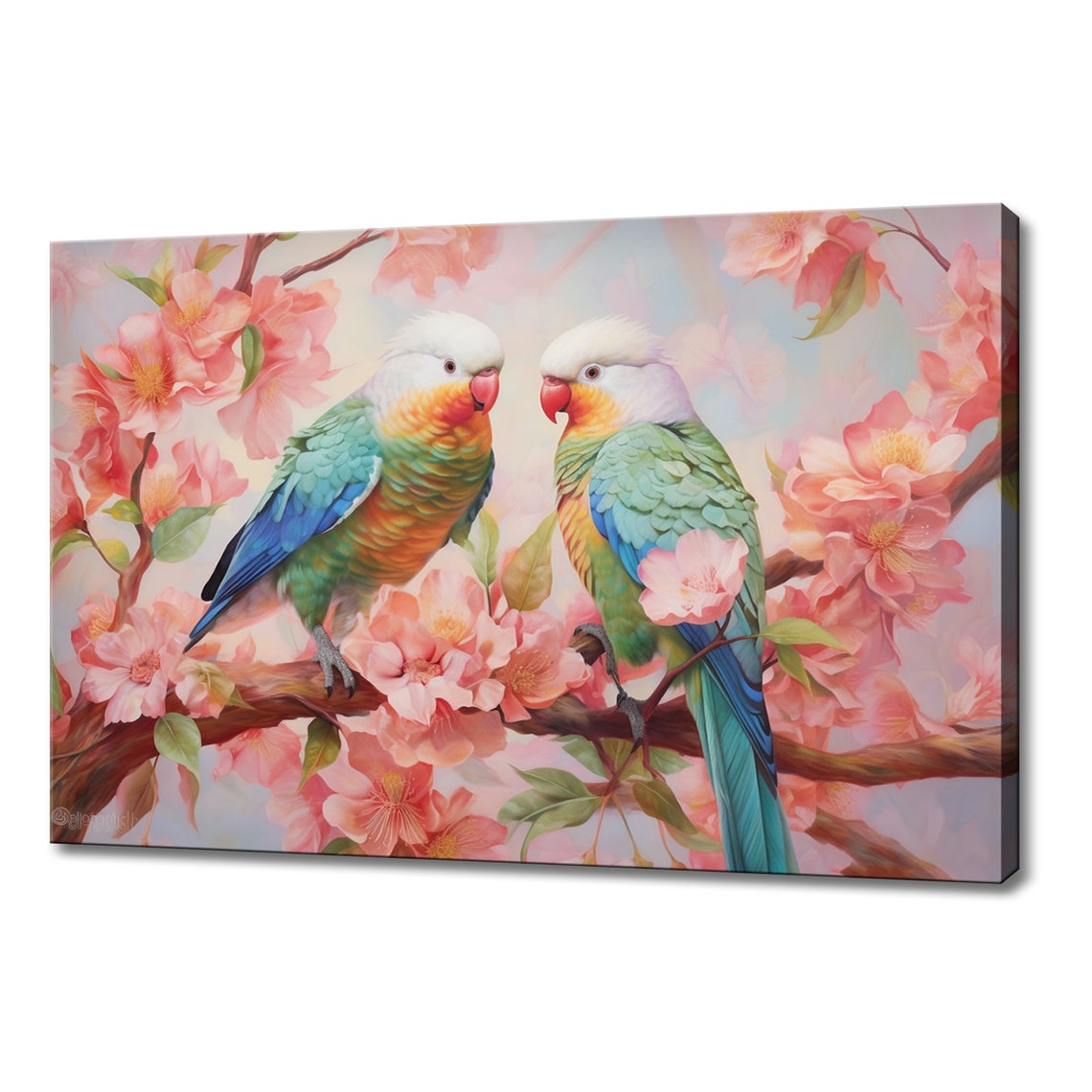 Two Rainbow Parrots Facing Each Other Among Pink Blossoms Wall Art