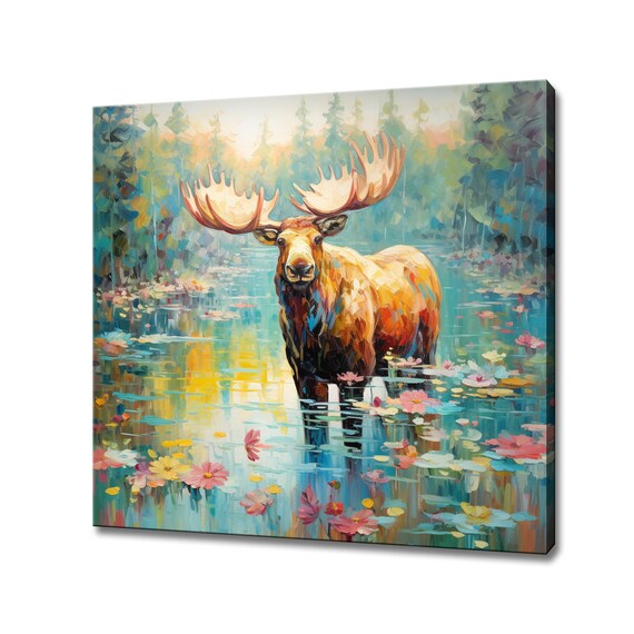 Bull Moose Wading In A Lily Pond Forest Colorful Wildlife Painting Poster
