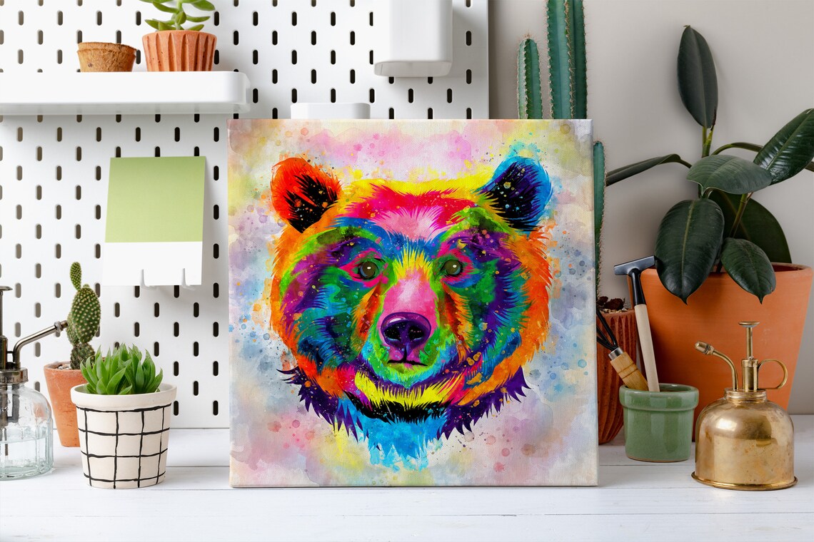 Brown Bear Head Portrait Rainbow Watercolour Colourful Wildlife Art Poster - Image 2