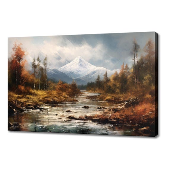 River Creek In Winter Mountains Vintage Landscape Painting Style Print Farmhouse Decor Art Picture Wall Hanging Fine Art Print