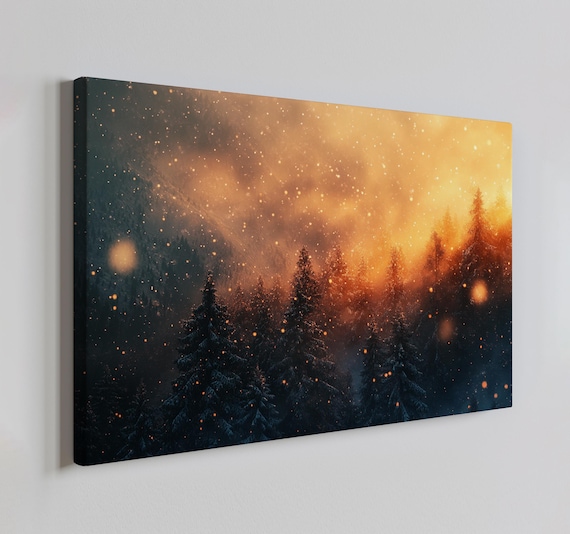 Falling Snow Over Pine Forest Sunset Painting Style Print Farmhouse Decor Art Nature Picture Wall Hanging Fine Art Print
