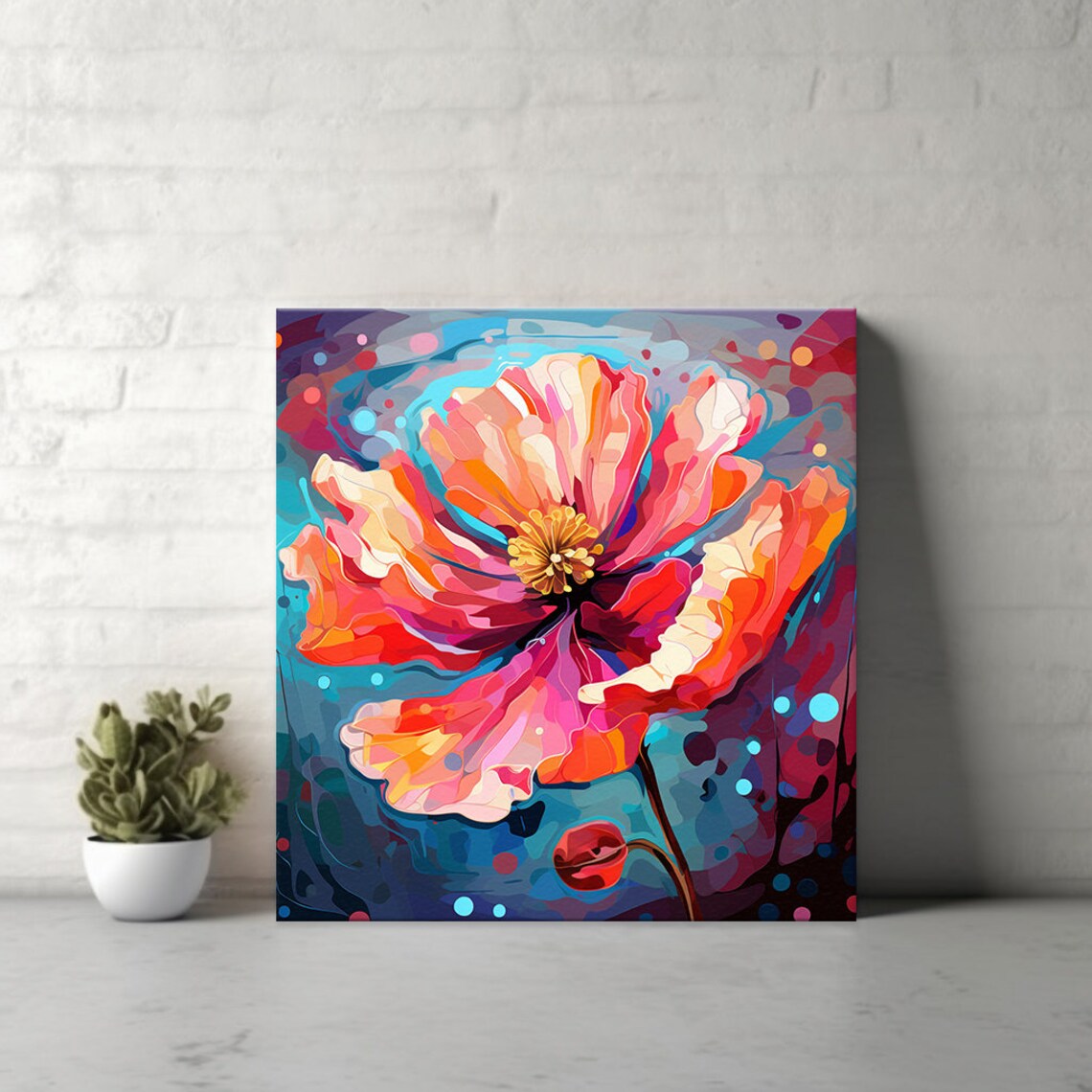Giant Red Pink Poppy Flower Blue Background Stylized Floral Art Poster - Image 4