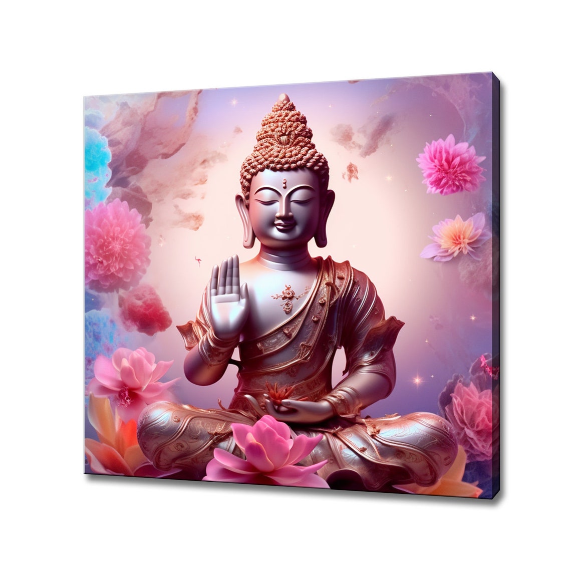 Serene Buddha Statue With Pink Lotus Flowers Pastel Spiritual Print