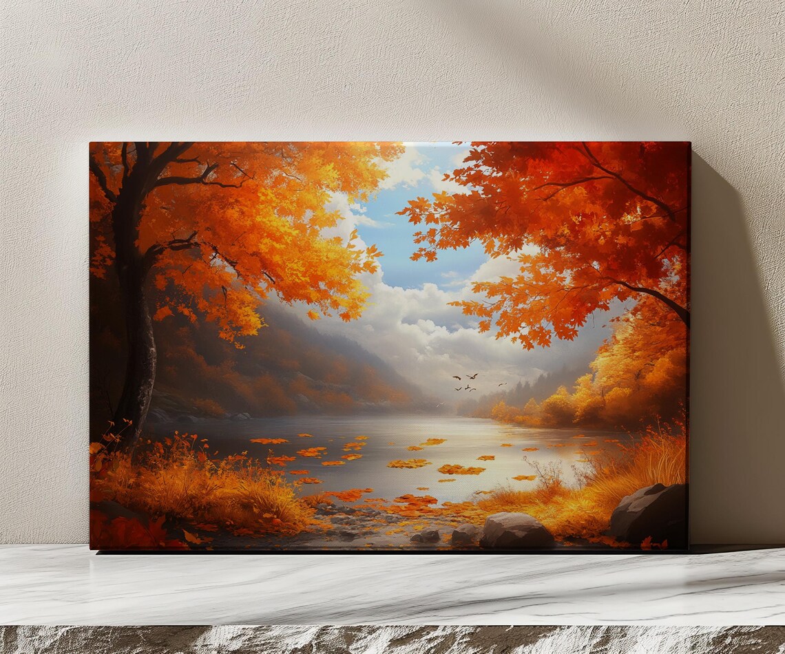 Autumn Forest Lake Fiery Orange Maples Falling Leaves Nature Poster - Image 3