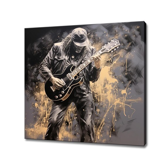 Electric Guitar Player Monochrome Gold Splash Music Art Rock Poster