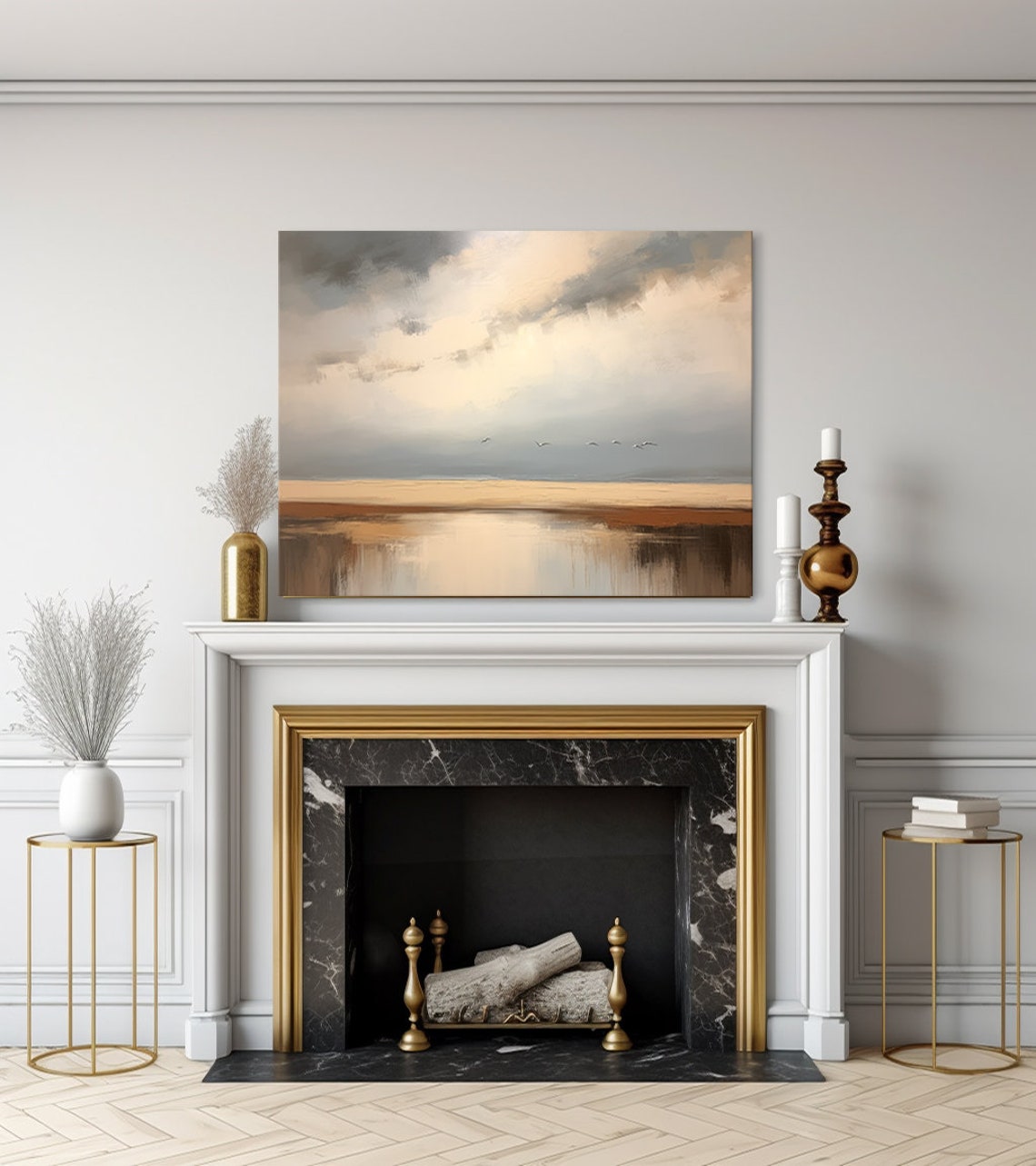 Minimalist Beach Seascape With Birds Soft Gray Clouds Art Poster - Image 3
