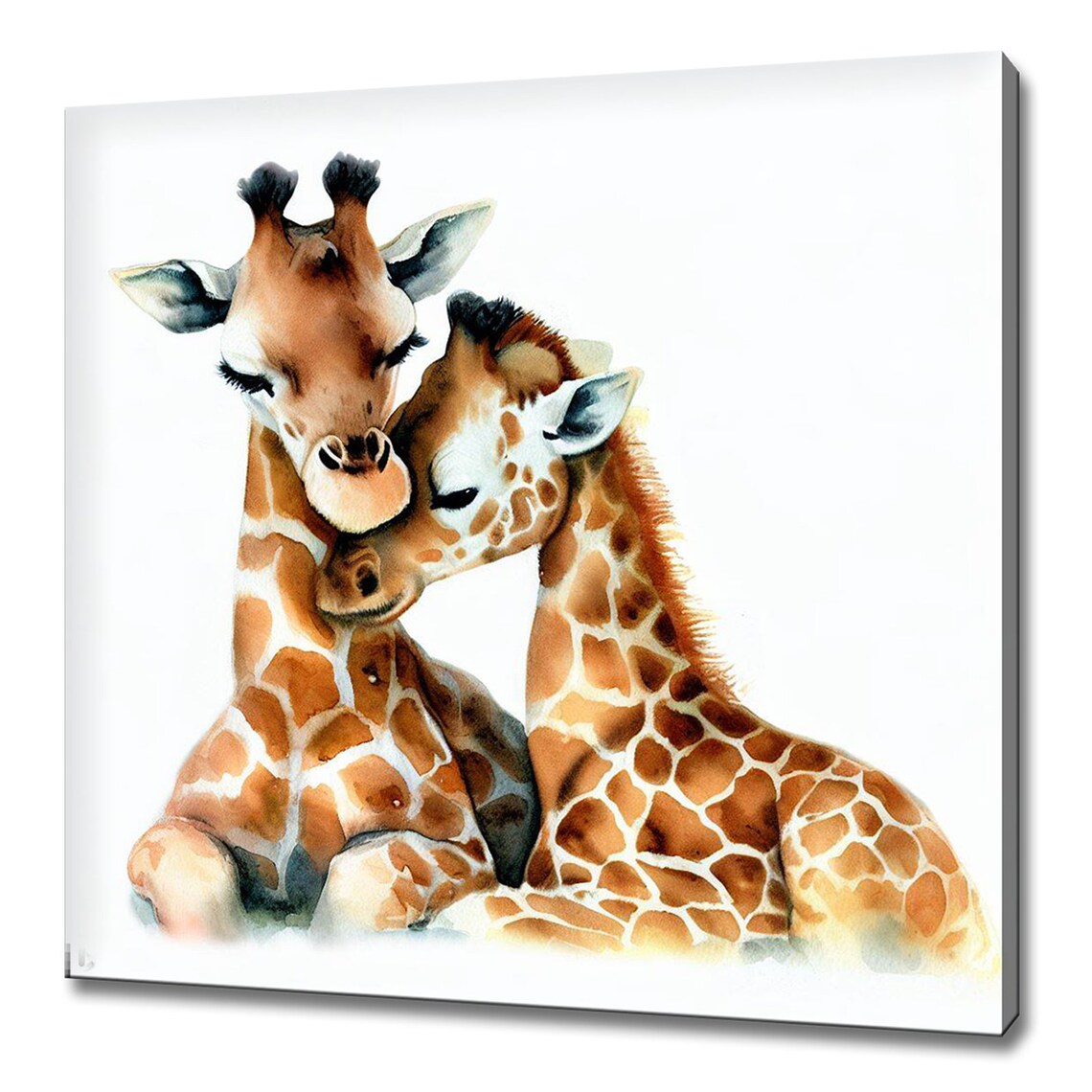 Giraffe Mother Baby Nuzzling Watercolour Nursery Animal Art Print