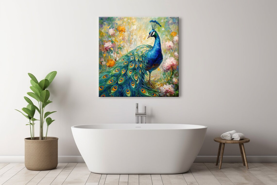 Peacock With Fanned Feather Tail Among Pink Blossoms Art Poster - Image 4