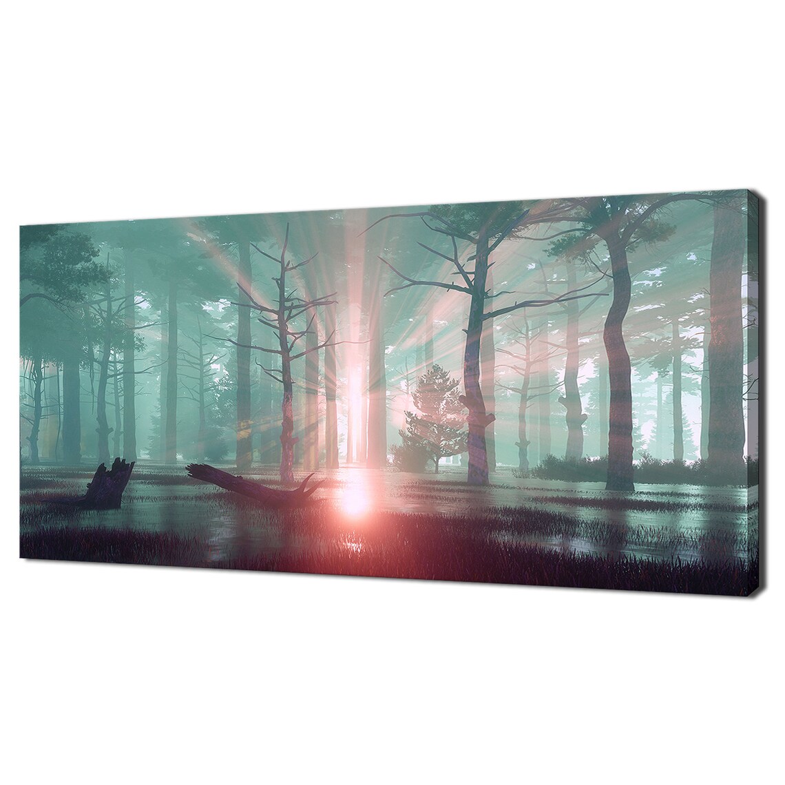 Pink Sunbeams in a Misty Teal Pine Forest Dreamy Nature Photo Print