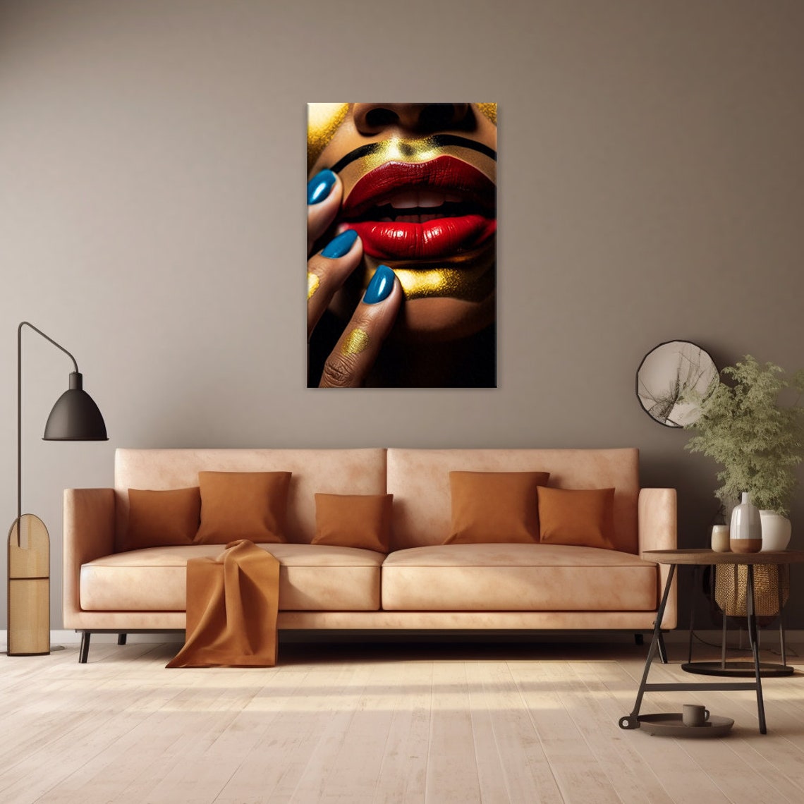 Red Glossy Lips with Gold Glitter Makeup and Blue Nails Beauty Poster - Image 4