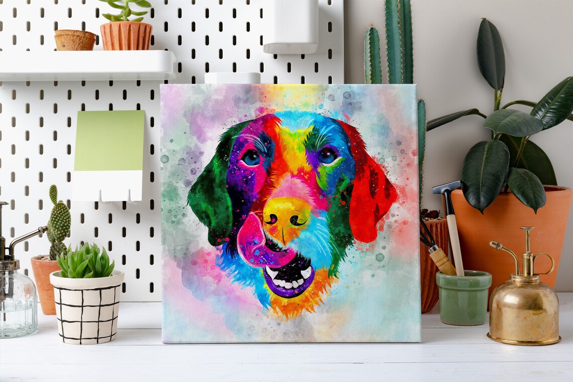 Happy Colourful Dog Rainbow Watercolour Tongue Out Portrait Poster - Image 2