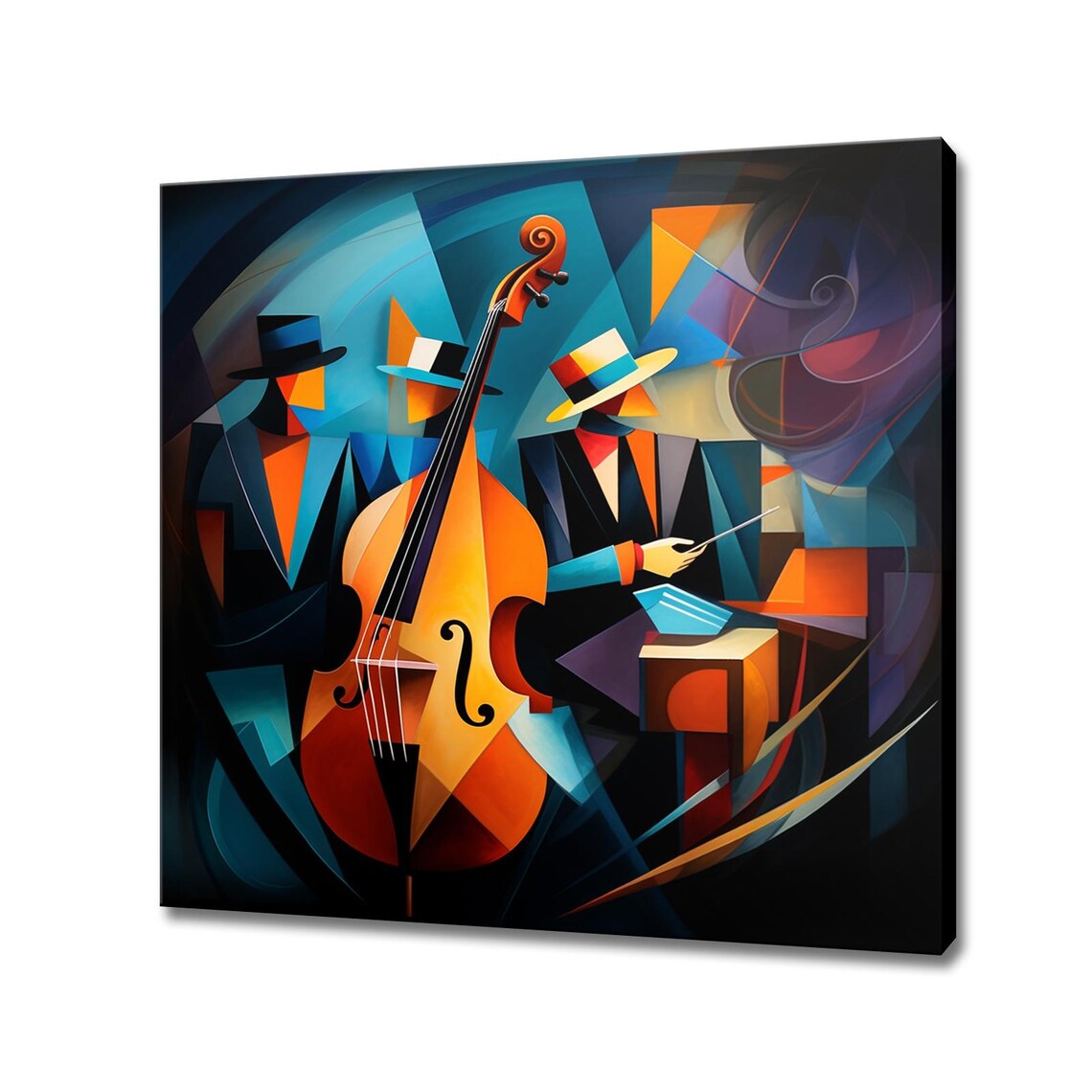 Cubist Jazz Double Bass Player Drums Blue Orange Abstract Music Poster