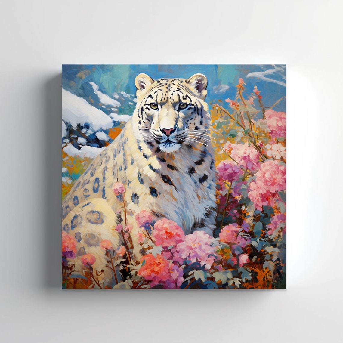 Snow Leopard Among Pink Blossoms Colorful Big Cat Wildlife Poster - Image 4