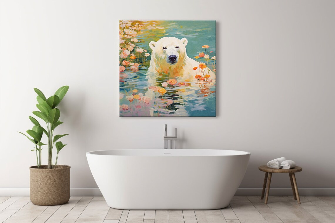Polar Bear Portrait Among Floating Flowers Teal Water Painting Poster - Image 4