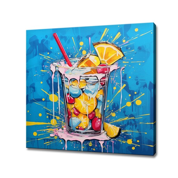 Colorful Fruity Cocktail Glass Pop Art Blue Bar Wall Decor Poster