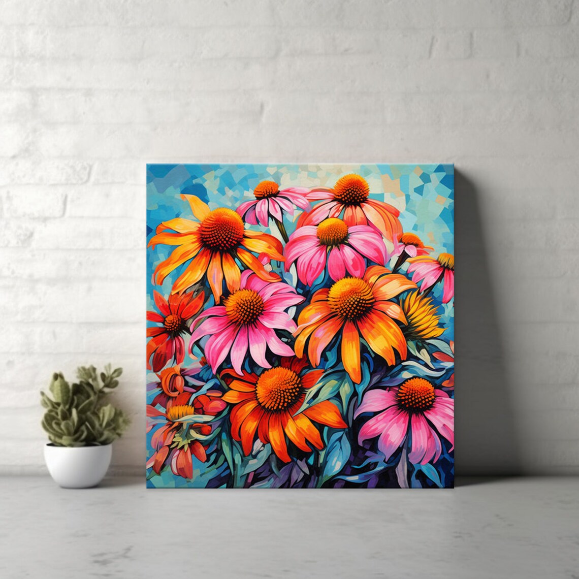 Pink Orange Bouquet Of Coneflower Flowers Oil Painting Style Print Wall Art Modern Floral Design Home Decor Flowers Wall Art - Image 4
