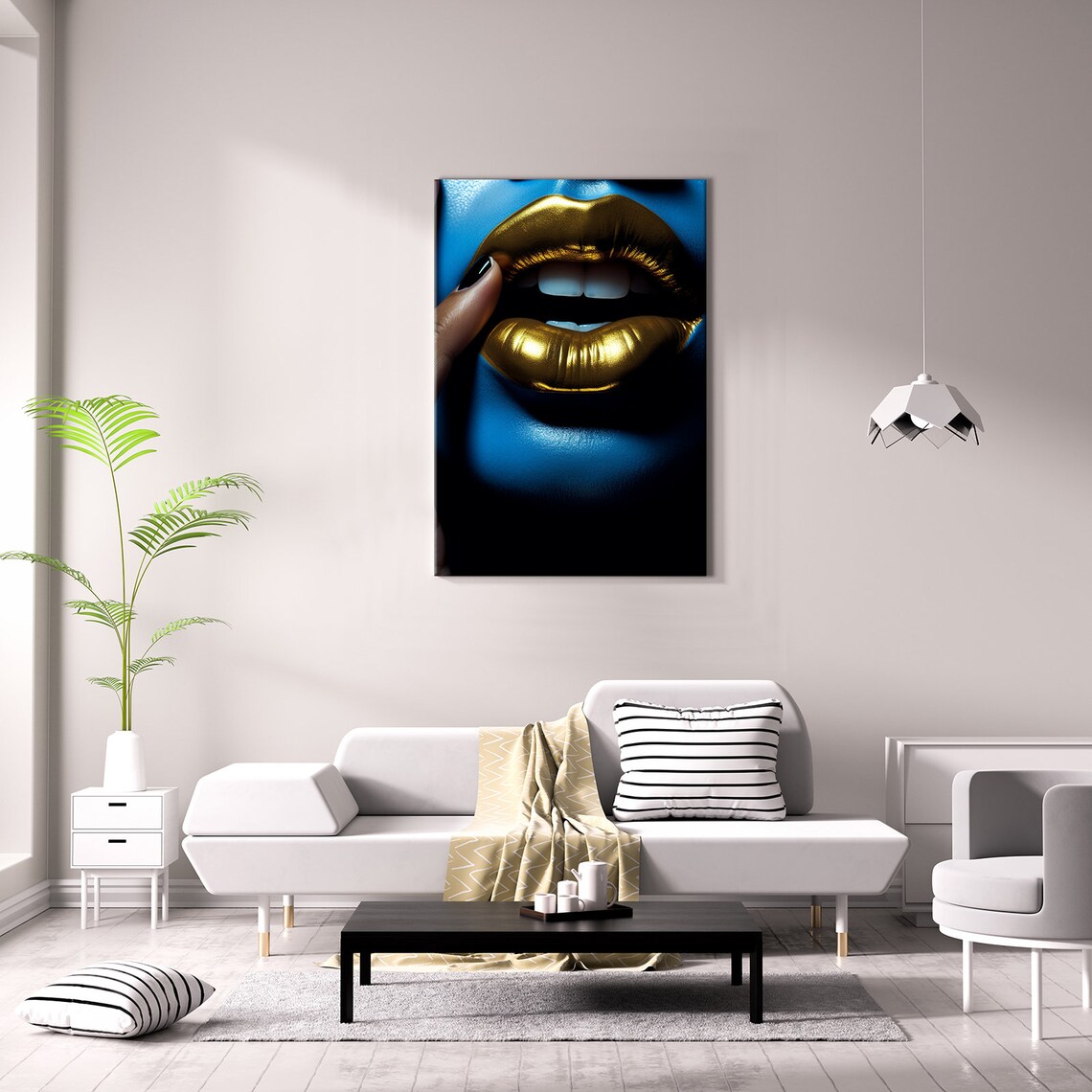 Metallic Gold Lips on Blue Skin Bold Beauty Makeup Art Wall Poster - Image 3