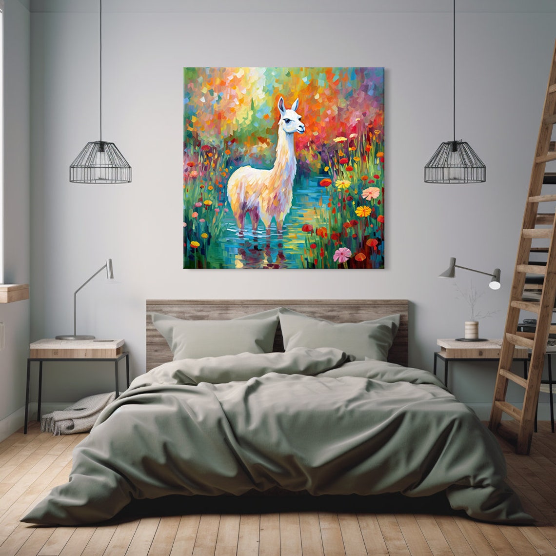 White Llama Standing in Turquoise Stream Wildflower Painting Poster - Image 2
