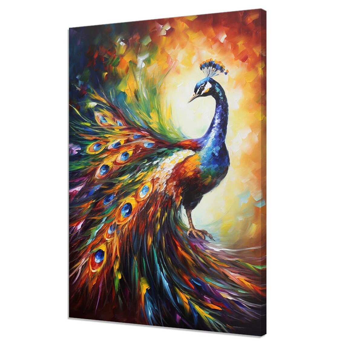 Colorful Peacock Oil Painting Vibrant Tail Feathers Floral Art Poster