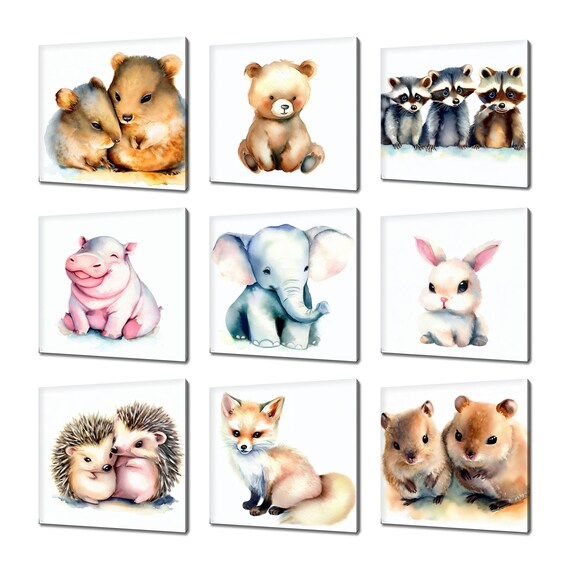 Cute Watercolor Baby Animals Nine Panel Nursery Kids Room Poster