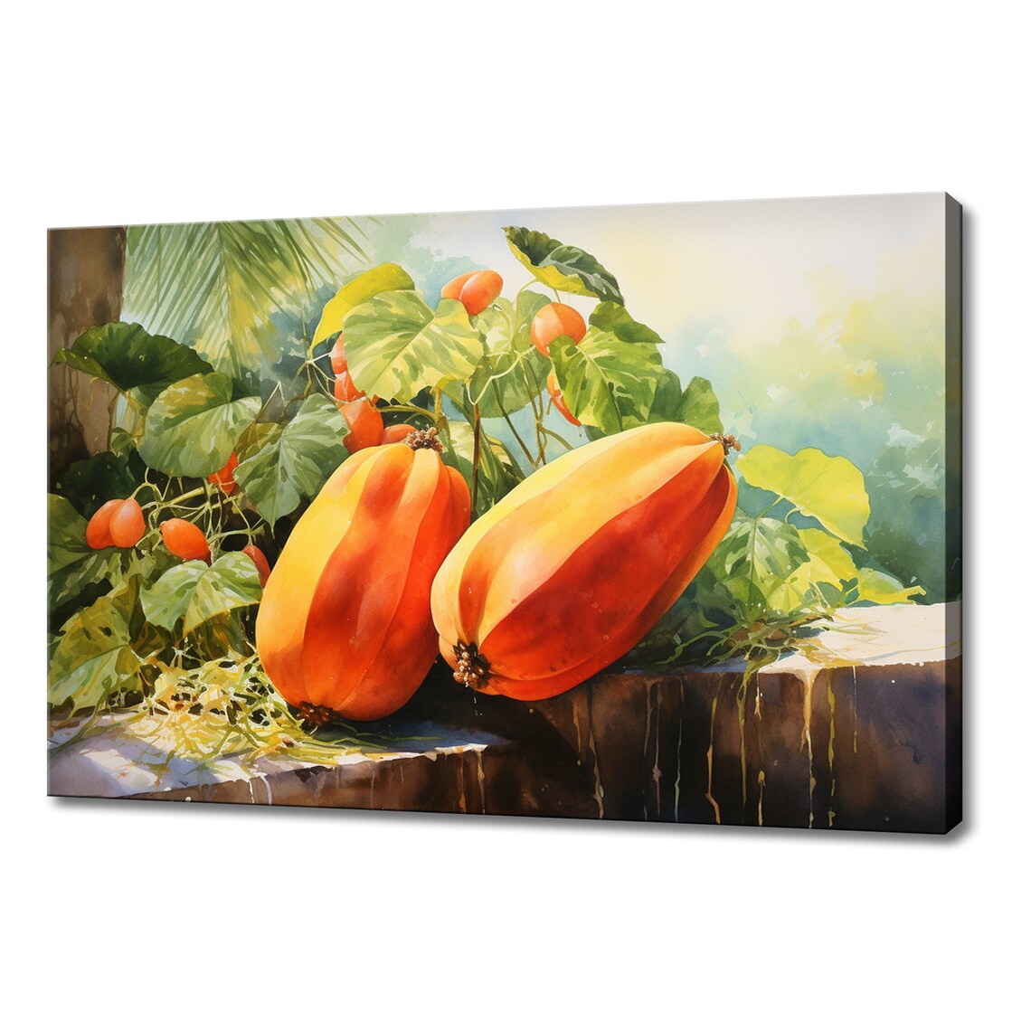 Two Ripe Orange Papayas Tropical Fruit Watercolour Kitchen Art Print