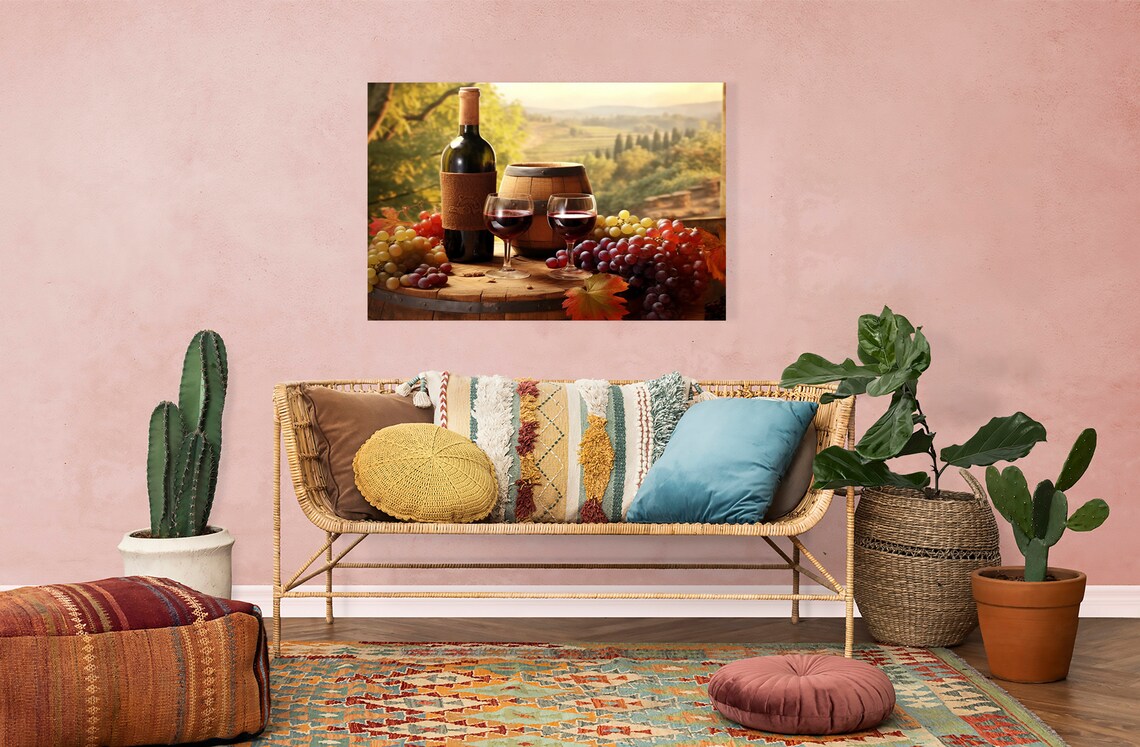 Vintage Red Wine Bottle Glasses Grapes Autumn Barrel Vineyard Print - Image 4