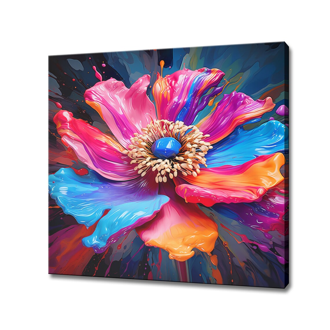 Psychedelic Anemone Flower Splash Pink Blue Orange Petals Art Poster