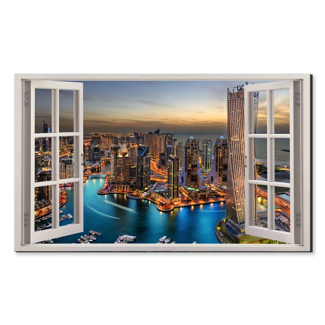 Dubai Marina Sunset Window View Window Frame Style Modern Design Home Decor Print Wall Art Picture Ready To Hang