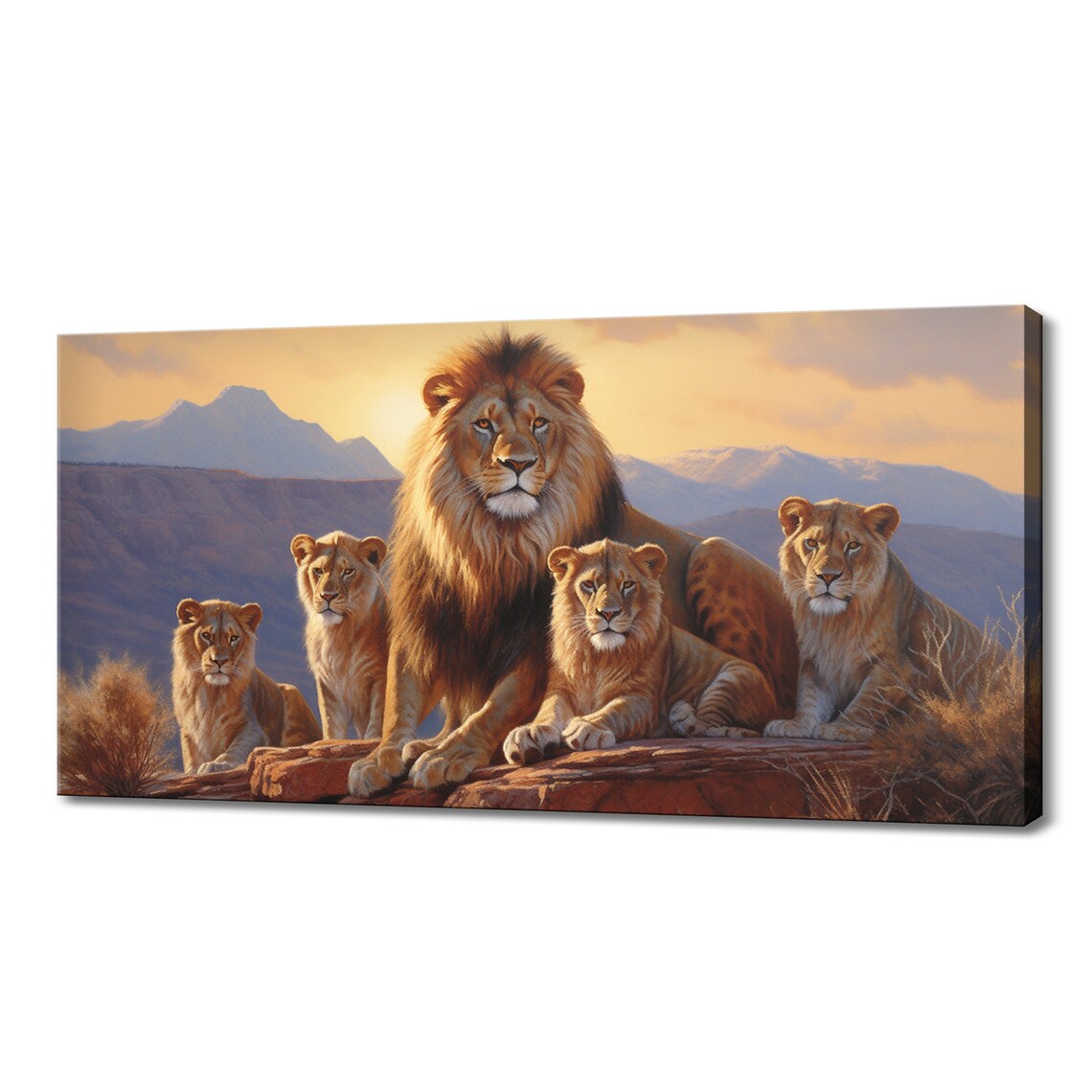 Lion Pride Sunset Male Lion Lionesses Rocky Outcrop Wildlife Poster