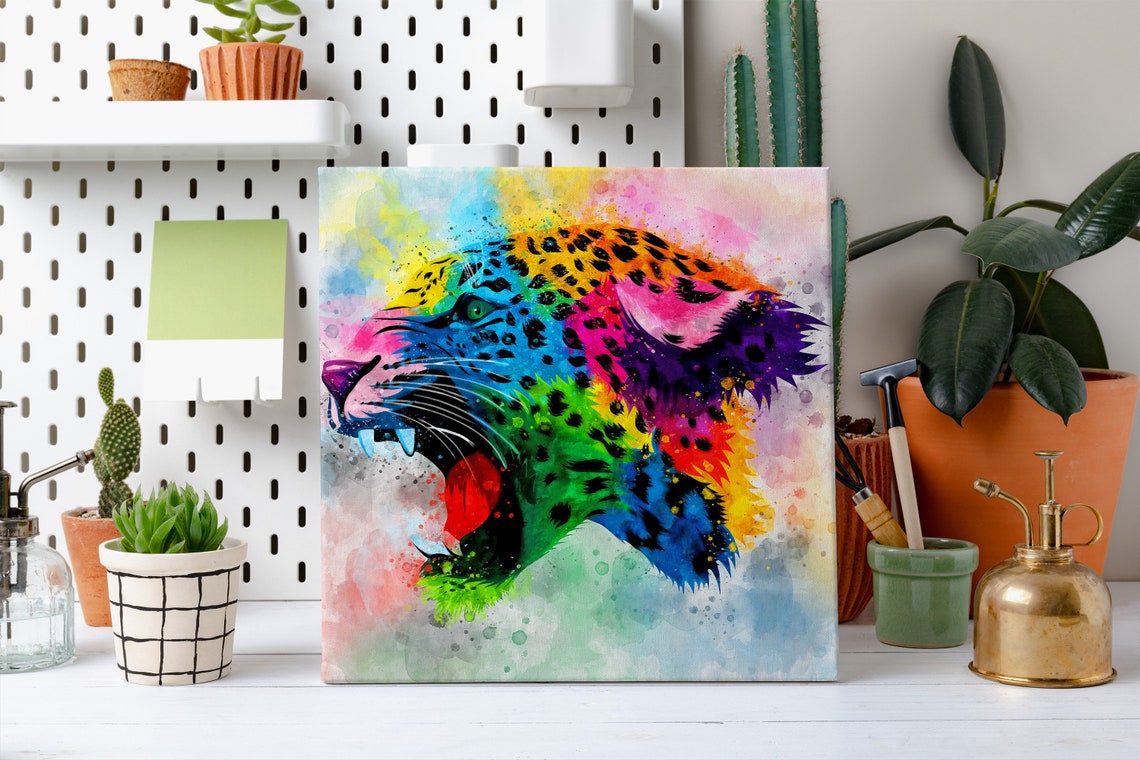 Roaring Leopard Head Rainbow Watercolour Wild Cat Animal Poster - Image 2