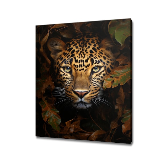 Leopard Face Hidden Among Leaves Close-Up Wild Cat Portrait Poster