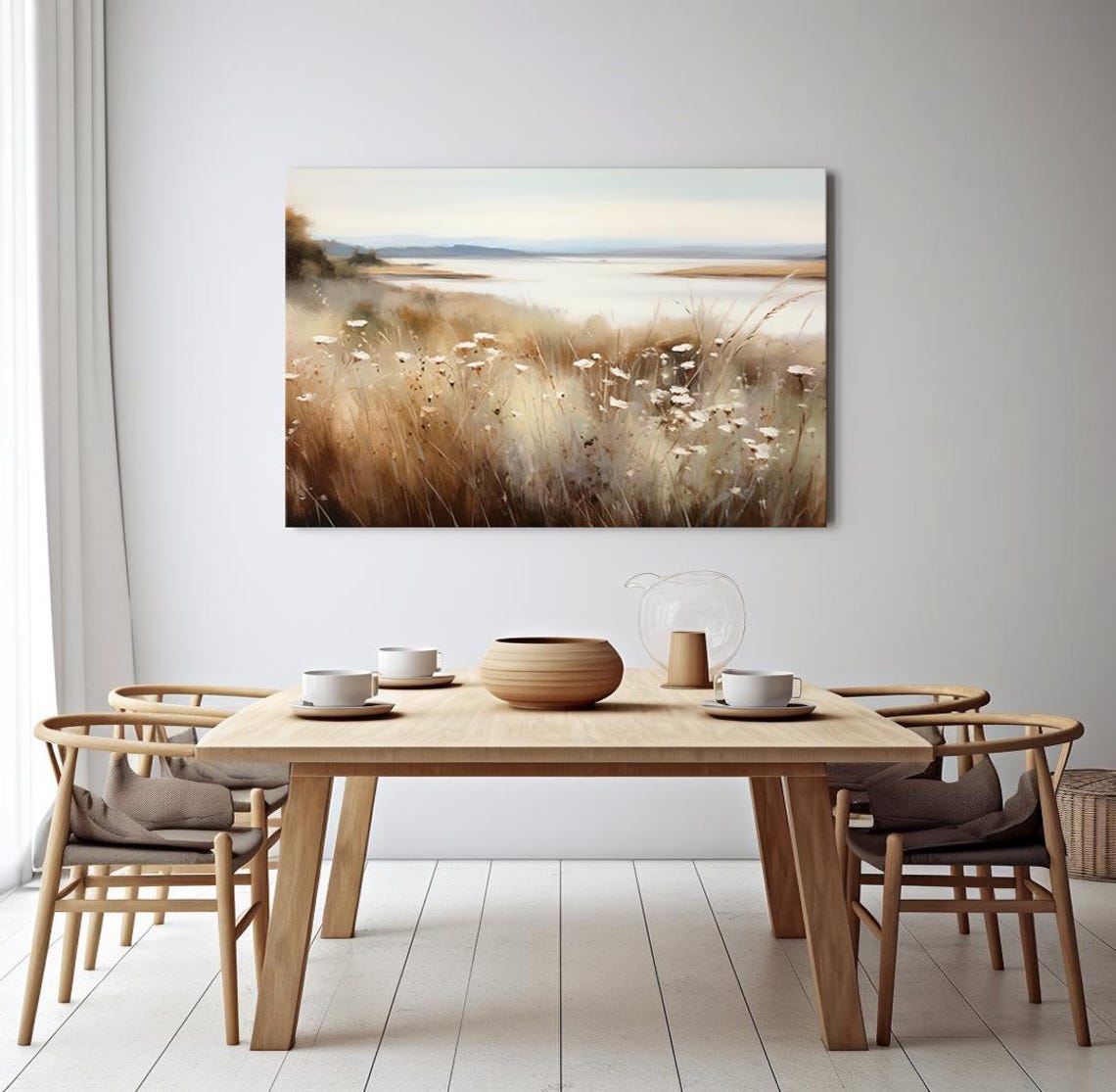 Vintage Flowers Meadow Field By The Lake Painting Style Print Farmhouse Decor Art Nature Picture Wall Hanging Fine Art Print - Image 4