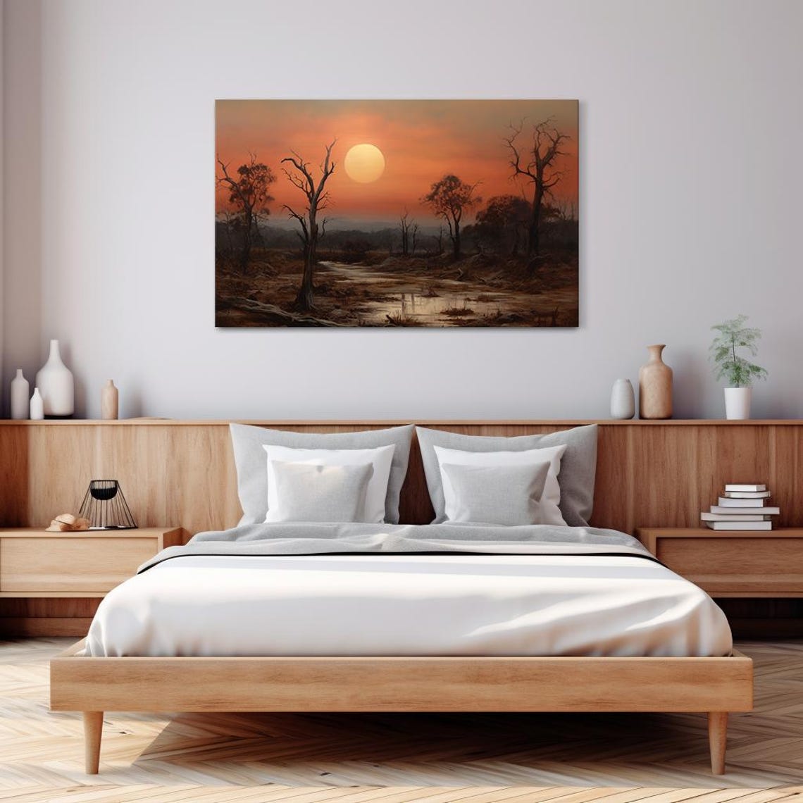Red Sunset Over Wetlands Barren Trees Reflecting River Vintage Poster - Image 3
