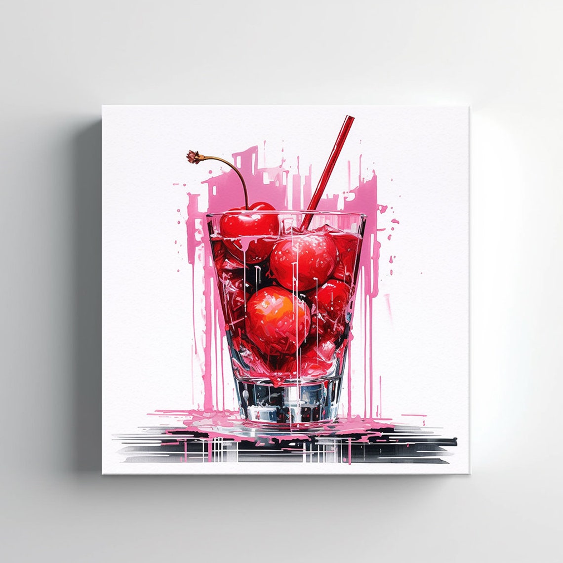 Cherry Manhattan Cocktail Watercolor Bar Decor Wall Art Print - Image 3